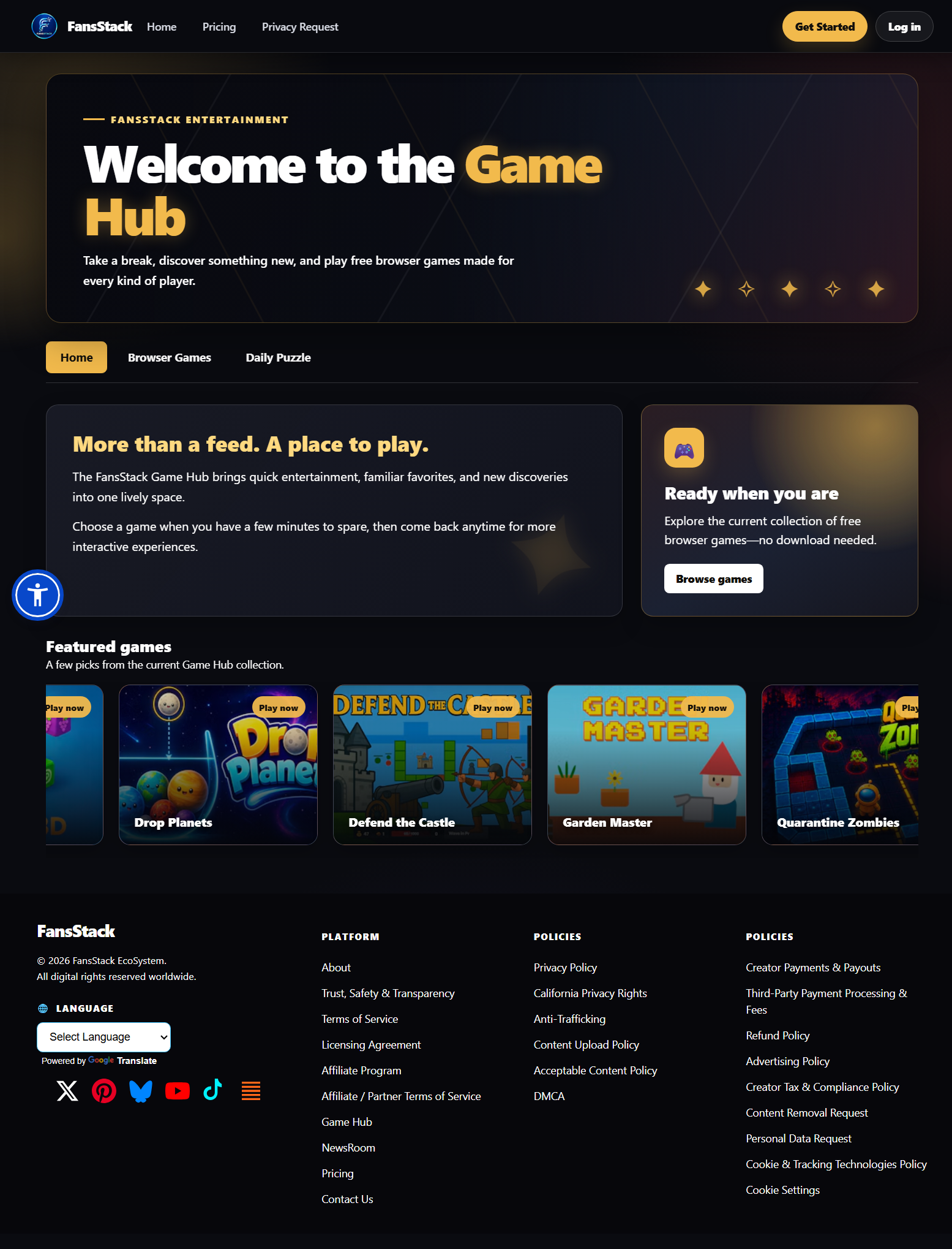 FansStack Game Hub featuring free browser games